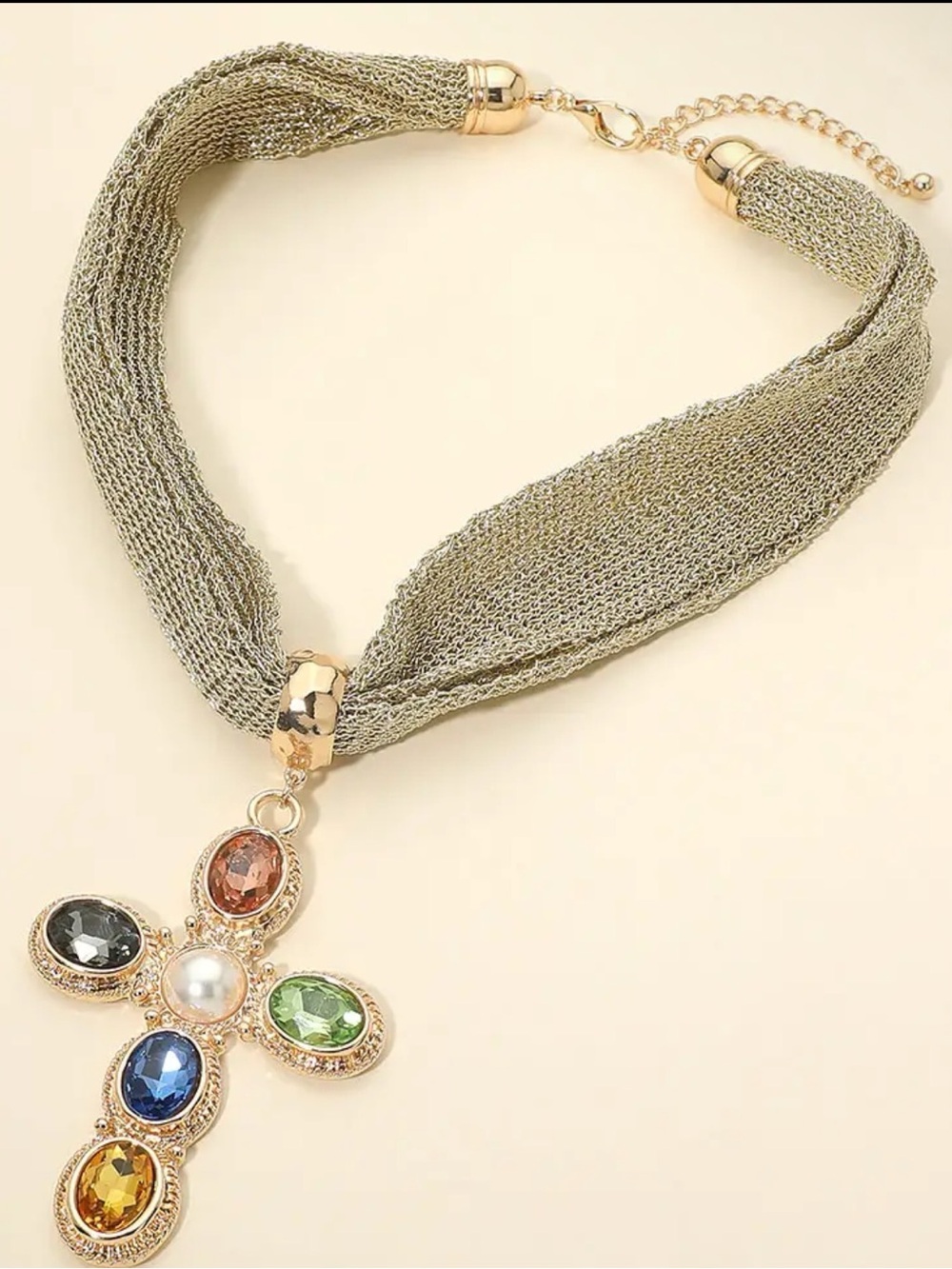 Gold Multi-Stone Cross Pendant Necklace - Women Jewelry